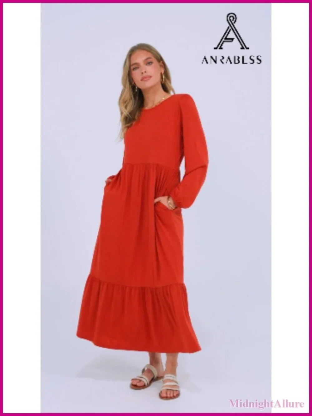 Flowy Tiered Midi Dress Long Sleeve A-Line Cotton Blend with Pockets